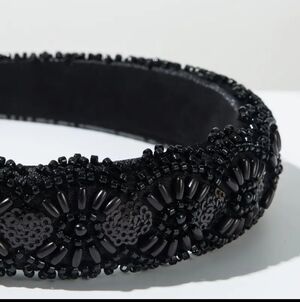 Beaded Headband Hand-stitched Rice Beads and Sequins Black NEW